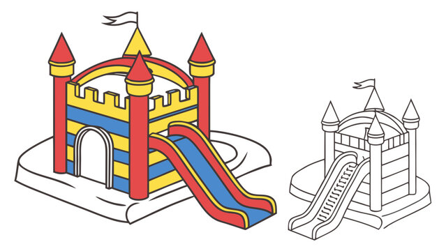 Colorful inflatable castle bounce house with slide next to a black and white outline version.
