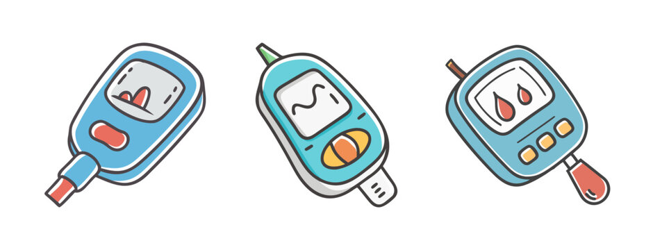 Medical blood glucose meter vector set, digital glucometer icons for diabetes monitoring, healthcare testing equipment in doodle style