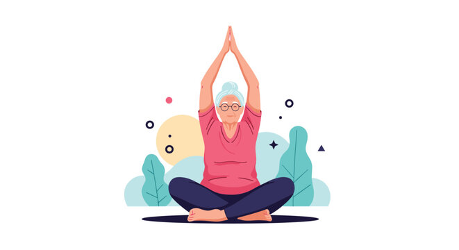 Senior woman finds inner peace by practicing yoga in a seated lotus position with her hands held in a prayer gesture.