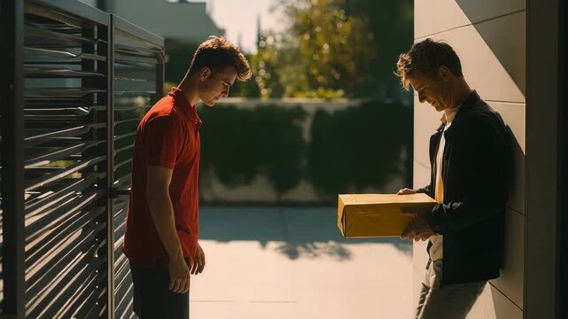 Courier in red shirt delivering yellow box to man at gate, 2 people