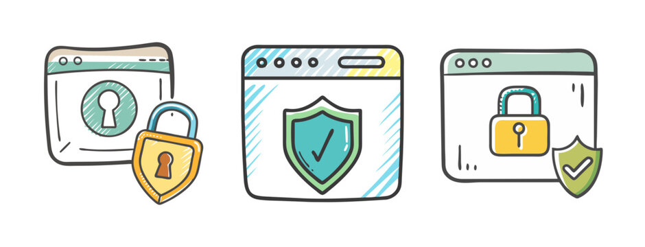 Hand-drawn cyber security icons set, colorful doodle browser windows with padlocks and shields, internet safety and data protection vector illustrations