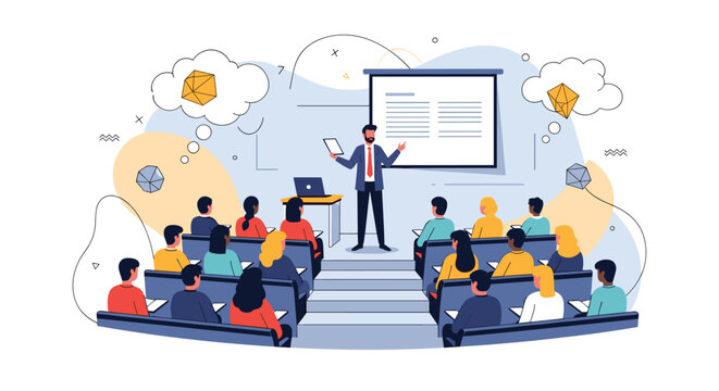 Male professor stands at a whiteboard giving an educational lecture to a class of diverse students in a modern room.