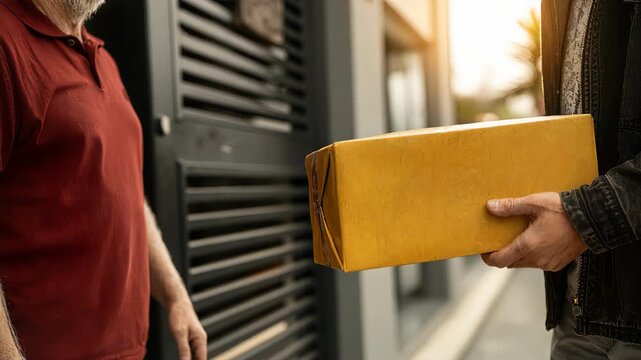 Close up of hands handing over yellow delivery box outdoors, cinematic