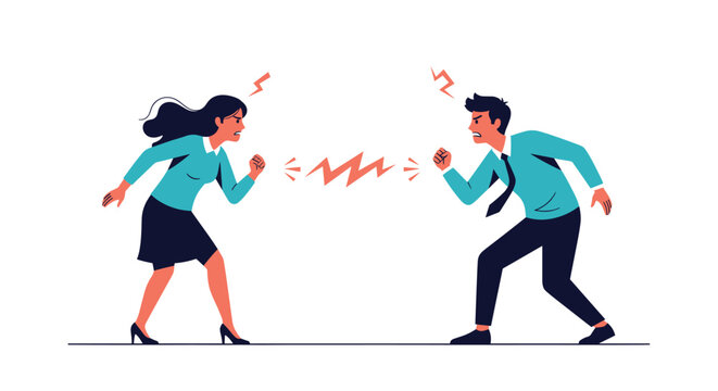 Angry man and woman in professional business attire have a heated argument with lightning bolt icons between them.
