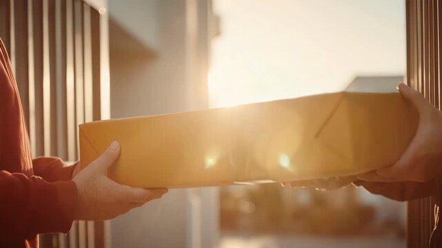 Courier handing over large yellow package to customer at gate