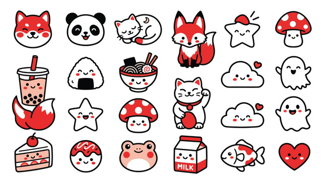 A vibrant collection of adorable kawaii-style illustrations featuring cute animals, food items, and whimsical characters.