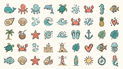 A charming collection of hand-drawn, colorful summer-themed icons featuring marine life, beach elements, and tropical vacation symbols. © geira