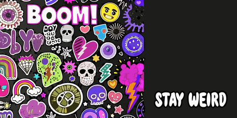 Colorful sticker collage with boom and stay weird text elements © Mithun