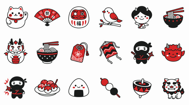 A vibrant collection of Japanese cultural icons, featuring lucky cats, daruma dolls, ninjas, and traditional foods, rendered in a charming cartoon style.
