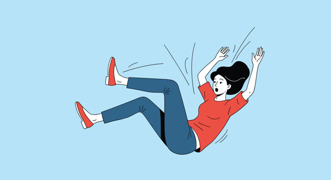 Dynamic illustration of a surprised woman falling backwards in the air against a simple light blue background.