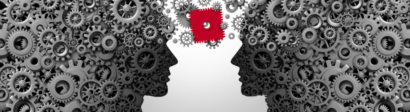 Business Partnership Problems and team challenges solving problems together as a concept and metaphor for fixing issues as two people made of gears with one glitch square cog representing findind a so