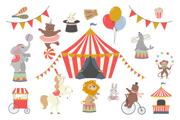 Comprehensive circus carnival set with big top tent, fairground food, and performing animals. Vector illustration for kids birthday party decoration and festive event design elements. © Elena