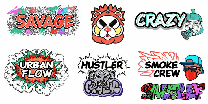 Collection of colorful stylized sticker designs with bold typography