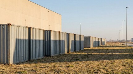 Rows of grey metal shipping containers near a warehouse building at sunset, industrial logistics and storage concept background.