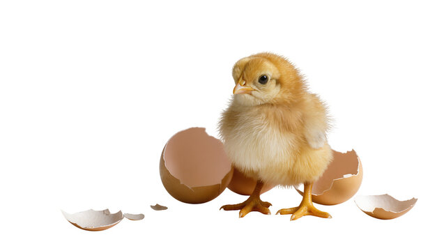 Fluffy yellow chick emerging from broken brown eggshell