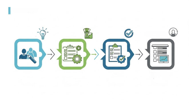 A vector graphic illustrating a business process flowchart with icons and symbols