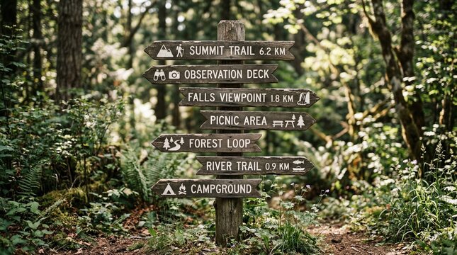 Wooden signpost with multiple trail directions in a lush green forest