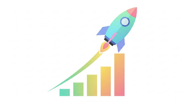 A colorful rocket ship blasting off into the sky with a bar graph underneath showing growth and progress