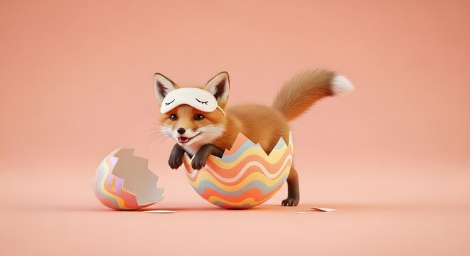Playful baby fox wearing sleep mask hatching from colorful wavy pattern painted easter egg.