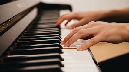 Obraz premium Close-up of hands playing piano keyboard in a music studio or practice room capturing the artistry and focus of a pianist performing a musical piece for an inspiring and artistic atmosphere
