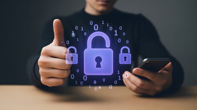 Person gives thumbs up to secure data with digital locks and binary code on smartphone
