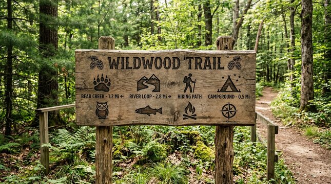 Wildwood Trail wooden sign in lush green forest with hiking path and camping symbols