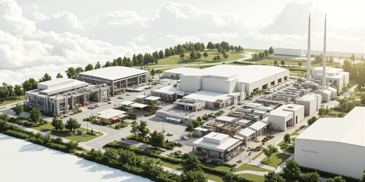 Clean energy-powered manufacturing plant for producing biodegradable plastic alternatives, featuring robotic automation, energy-efficient systems, and sustainable materials.