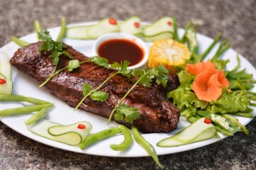 grilled beef steak with vegetables