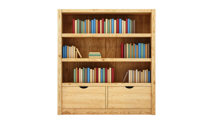 Light wood bookcase with multiple shelves and two drawers © Laura