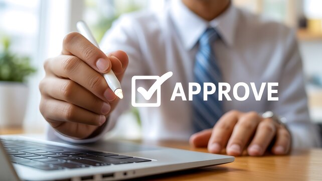 A business professional digitally approves a document using a stylus pen on a laptop computer