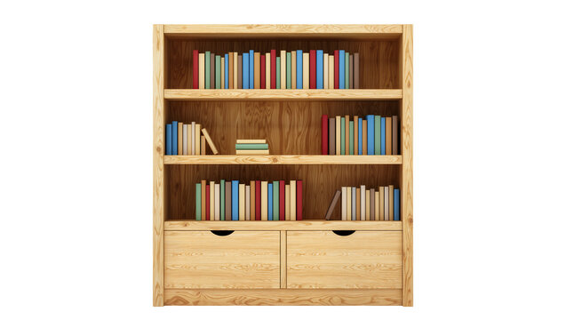 Light wood bookcase with multiple shelves and two drawers