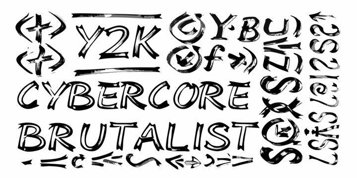 Abstract brushstroke lettering featuring cyberpunk and y2k themes