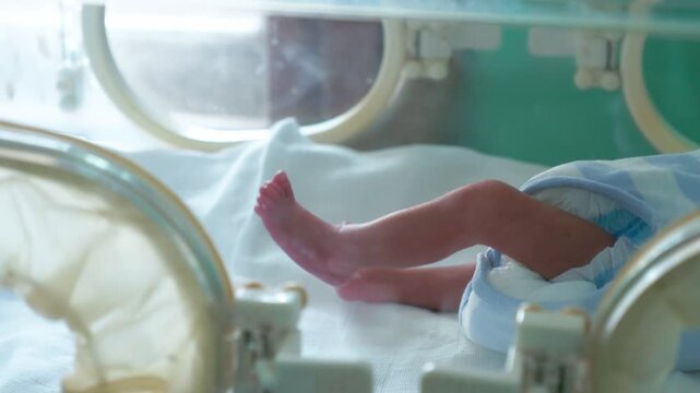 Infant legs visible inside a medical incubator in a hospital in Cameroon, showing neonatal care in a challenging environment. Close up view.
