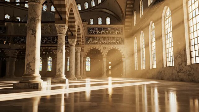 Majestic golden light streams through arched windows, illuminating a historic mosque's grand interior with stone columns.
