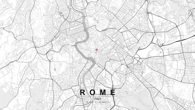 Top view of a detailed city map labeled Rome, Italy, with a red navigation pin blinking at a fixed point over a dense street grid and river layout