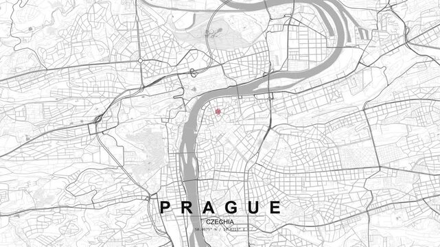 Digital map of Prague, Czechia with a blinking red location pin marking the city center, showing street grid, river, and urban structure from above