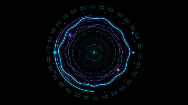 Futuristic circular HUD wave loader with pulsing neon blue and purple rings and rotating data points on black.