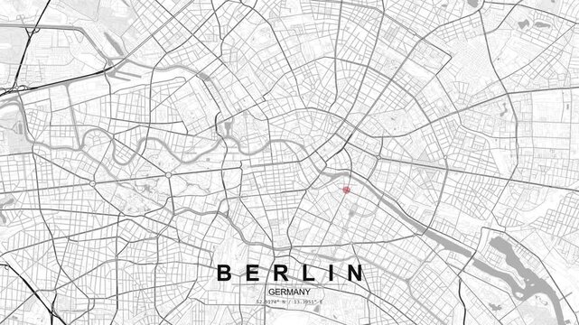 Detailed grayscale city map of Berlin, Germany with a red location pin marking a point within a dense street network and urban layout.