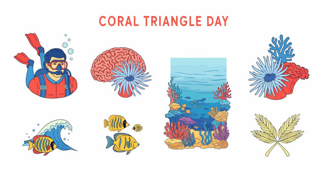 Coral Triangle Day ocean illustrations featuring a scuba diver tropical fish sea anemone and coral reef scenes
