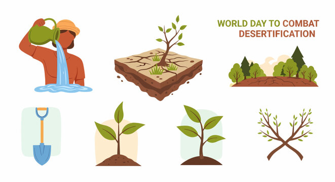 Flat vector illustrations of a person pouring water young plants dry cracked earth and a gardening shovel