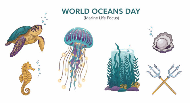 Graphic displaying a sea turtle jellyfish seahorse seaweed pearl in a shell and crossed tridents