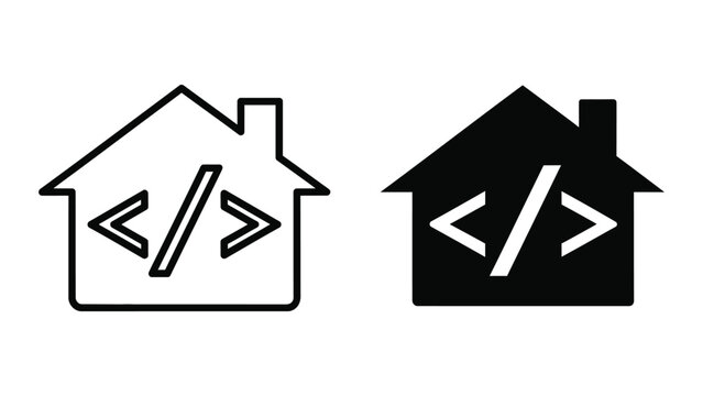Contrasting house icons with code symbols representing development environments