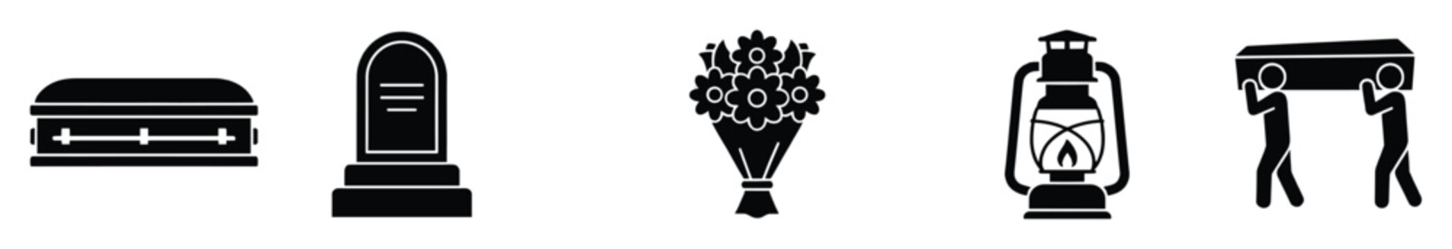 Comprehensive set of black silhouette icons representing funeral and mourning themes, featuring a coffin, gravestone, flower bouquet, lantern, and pallbearers for memorial designs.