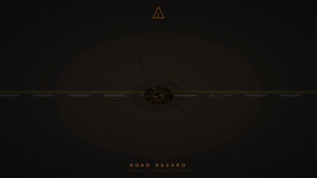 Abstract dark animation of a road hazard with an expanding crack pattern and structural failure detection alert on screen.