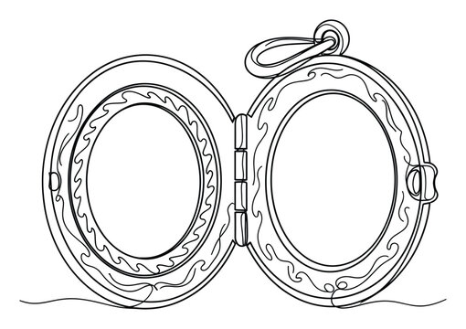 Outline drawing of an open locket pendant with decorative wavy edges and inner photo frames, perfect for personalized jewelry, sentimental gift ideas, or engaging coloring page activities.
