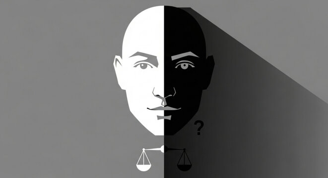 Man face split in half with light and dark sides scales and question mark symbolizing justice and uncertainty