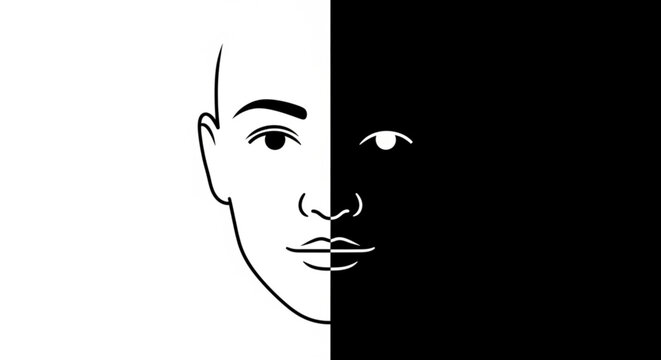 Split face illustration of a person with contrasting black and white sides showing dual expressions