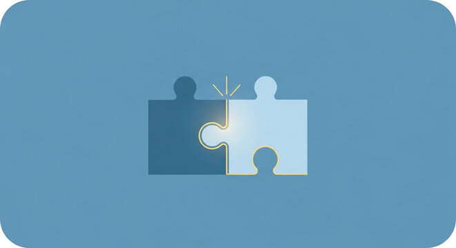 Interlocking puzzle pieces connect in business partnership and teamwork concept on blue background