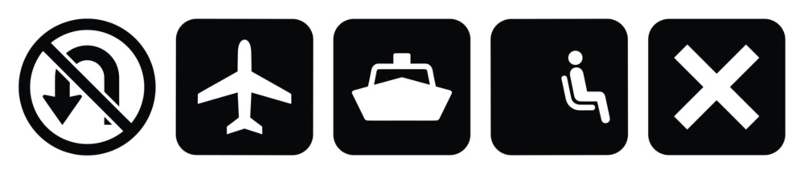 Versatile collection of monochrome vector icons featuring universal symbols for no Uturn, airplane travel, ship voyages, passenger seating, and general restriction, perfect for public