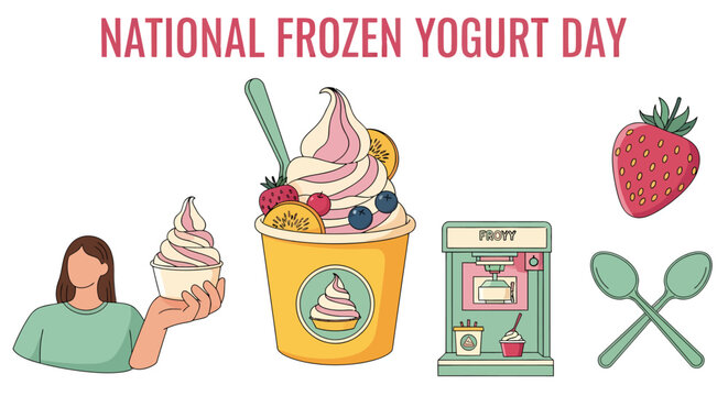 Illustrations of frozen yogurt cups toppings a serving machine and people for National Frozen Yogurt Day